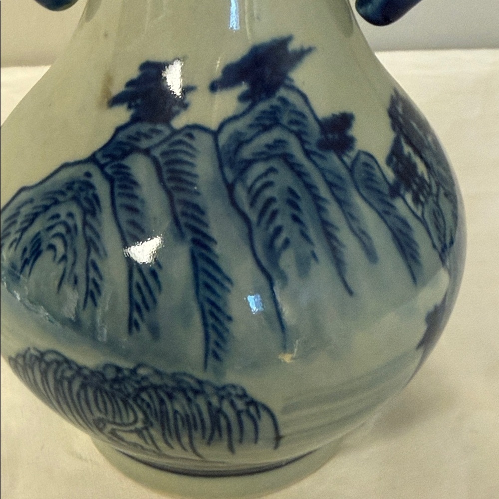 Blue & White Ceramic Landscape Vase Decorative Handles 8.25in - Picture 5 of 7